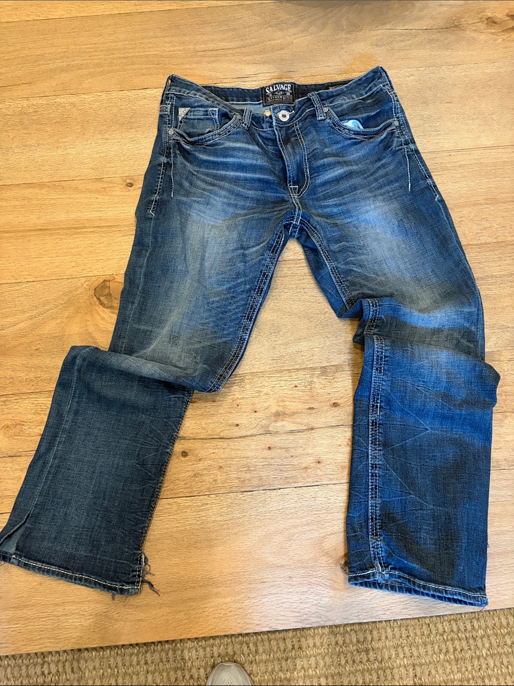 Salvage Men's Straight Jeans in Distressed Blue Denim